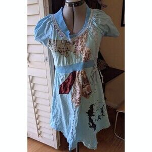 Forla Paris Boho mix media mini dress upcycled look paint applique blue cotton S